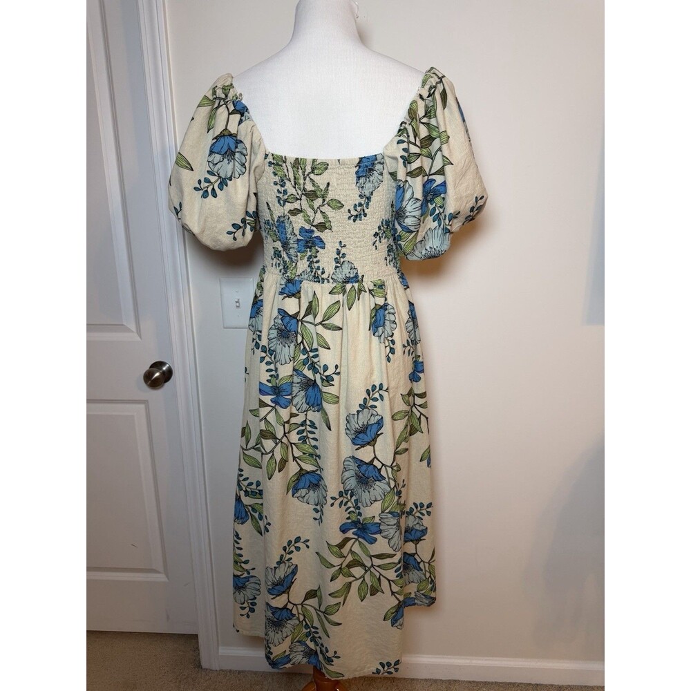 Tulip Creations Floral Smocked Puff Sleeve Midi Dress Women’s Large Tan Blue - Picture 4 of 8